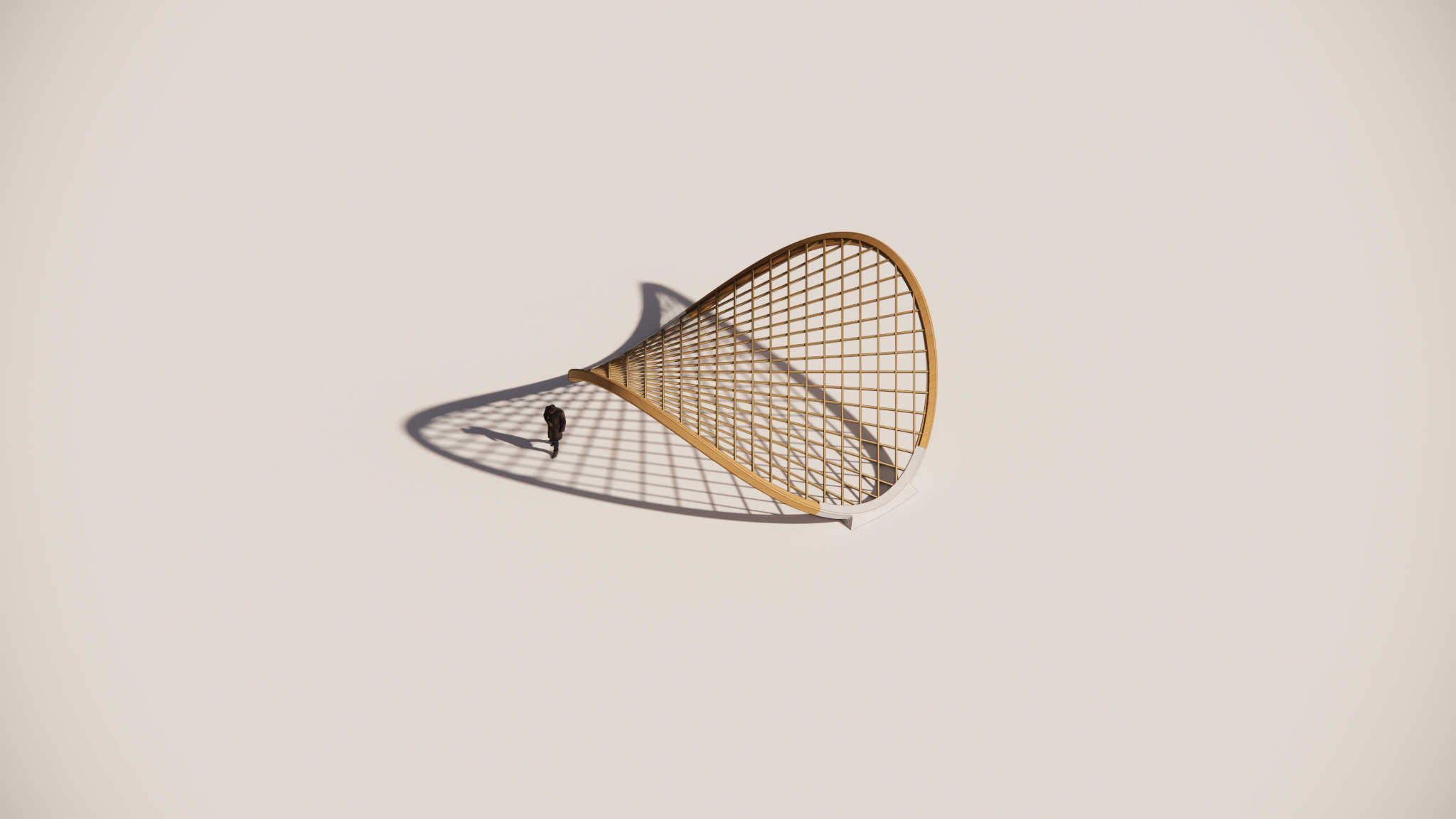 Timber lattice saddle shell with a curved perimeter ring, casting a grid of shadows beside a person for scale